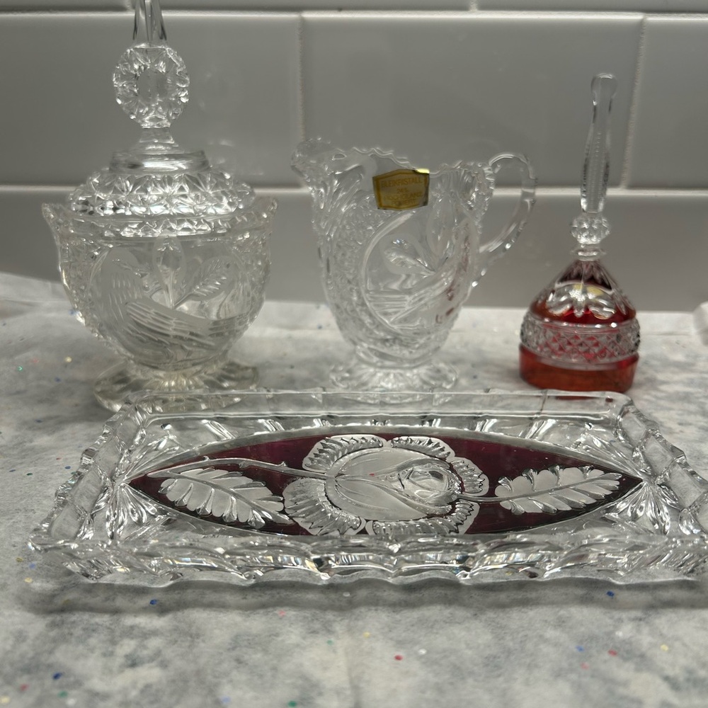 Rare Vintage Crystal Vanity Tea Set with Red Rose and Bird Accent.